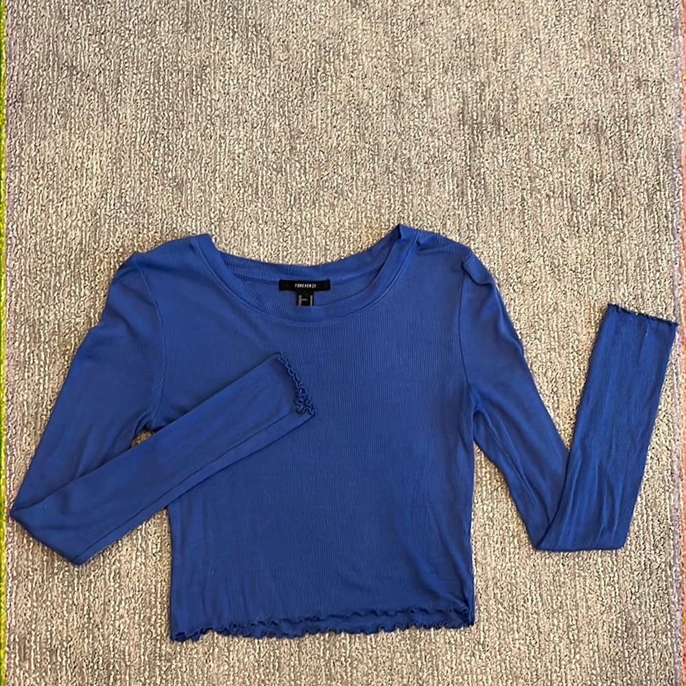 Blue Cropped long Sleeve with Lettuce Trim by Forever 21